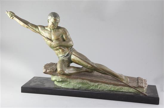 A French Art Deco spelter study of a man on a raft, height 13.75in. length 22.75in.